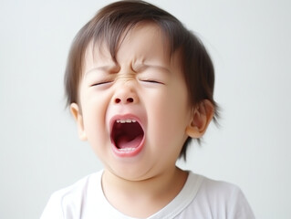Close-up of a crying toddler with a teary tantrum.