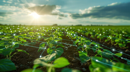 Sunrise over a soybean field with holographic technology enhancements.