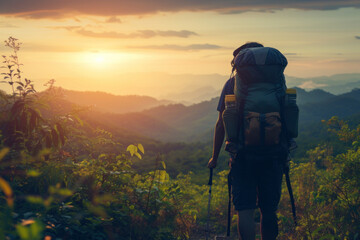 Back view of a solo trekker with a backpack gazing at a mountain sunset.