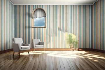 Illustration of Striped wallpaper and window in empty room, arts & architecture, indoor.