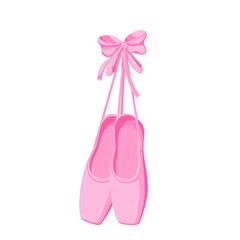 Ballet shoes hang on silk ribbon with bow illustration. Cartoon isolated points of ballerina hanging on wall.