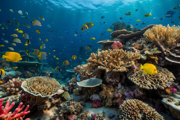 Fototapeta na wymiar The symphony of coral reefs and colorful fishes
