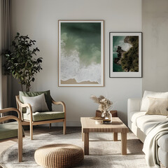 Living Room Design with botanical wall hanging.