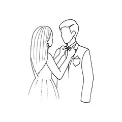 hand drawn illustration of a woman adjusting her bow tie on a man in a suit standing in front of her. man and woman getting ready for a formal event - doodle style drawing