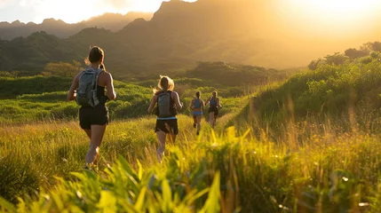 Keuken spatwand met foto Group of people jogging through the green hills in the morning.  © Jammy Jean