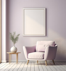 modern living room with sofa chair and empty frame in wall,vase with plant in it ,home interior design, couch, beige white and violet ,sun light,mockup
