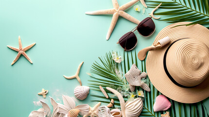 Summer flat lay with straw hat, sunglasses and beach accessories on pastel green background with palm leaf, sun, sunlight and shadow. Vacation, holiday, minimal travel fashion concept, copy space - obrazy, fototapety, plakaty