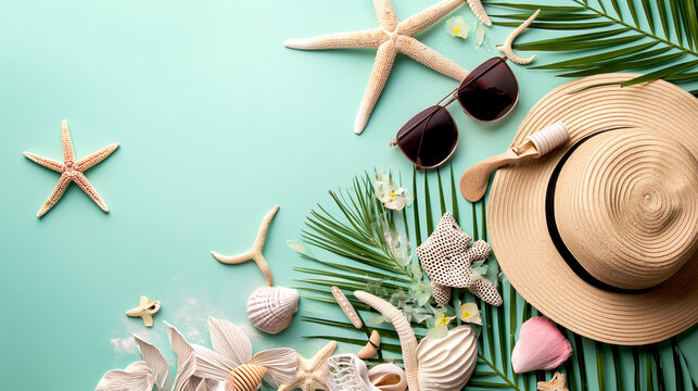 Summer flat lay with straw hat, sunglasses and beach accessories on pastel green background with palm leaf, sun, sunlight and shadow. Vacation, holiday, minimal travel fashion concept, copy space