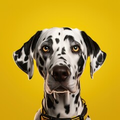 A close-up shot of a Dalmatian stands out against a vibrant yellow background