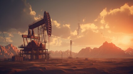 Illustration of oil drilling derricks, industrial machines for petroleum, against the backdrop of a vibrant sunset. - obrazy, fototapety, plakaty