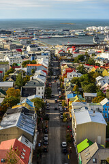 A summer afternoon view of downtown Reykjavík as seen from the top of the Hallgrímskirkja church...