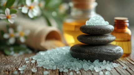 Fototapeta na wymiar beauty treatment items for spa procedures on white wooden table. massage stones, essential oils and sea salt. 