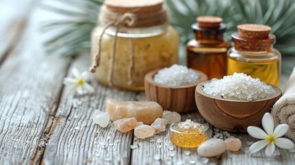 beauty treatment items for spa procedures on white wooden table. massage stones, essential oils and sea salt. 