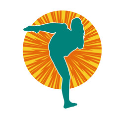 Silhouette of a woman doing a martial art kick. Silhouette of a sporty female doing kicking movement.