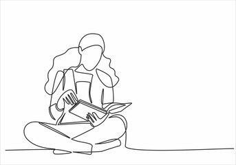 Fototapeta na wymiar continuous line drawing of standing woman reading book