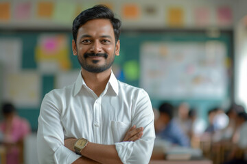 Fototapeta premium Smiling Educator in Academic Surroundings. Cheerful bearded educator with arms crossed in a classroom.
