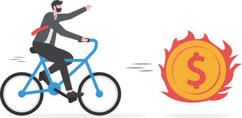 Fototapeta premium Chasing high performance bitcoin crypto currency in bull market, greedy speculation in Bitcoin trading concept, greedy businessman investor chasing try to catch hot fire flying bitcoin.