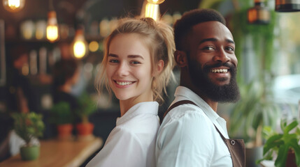 Diverse Young Couple Smiling in Urban Cafe.
A cheerful young interracial couple leaning back to back, sharing a smile in a modern cafe setting.