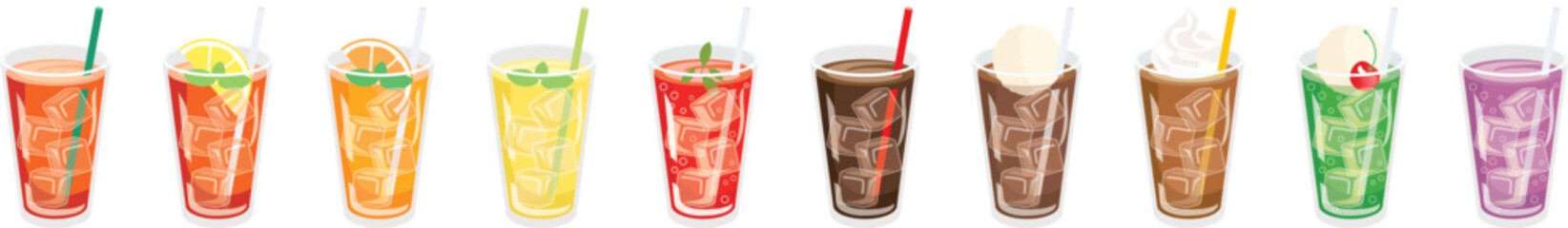 アイスコーヒーやジュースのソフトドリンクのラインイラスト