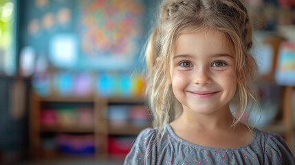 Childhood Innocence and Joy.
Smiling young girl in classroom setting, embodying childhood cheerfulness.