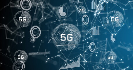 Image of 5g over globes and connections on navy digital screen