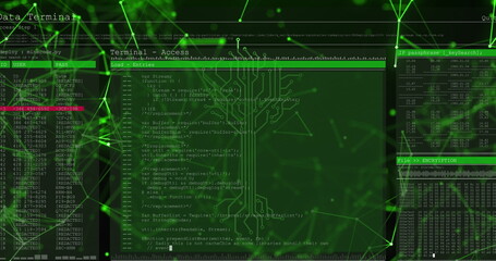 Image of integrated circuit over data processing and connections on digital screen