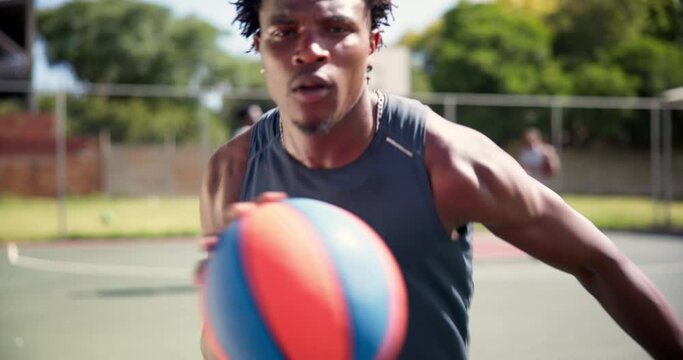 Athlete, face and ball on basketball court for fitness, dribbling exercise and training with team in outdoor. Black man, portrait or talent in sport game, skill or workout or practice for competition