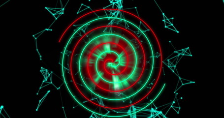 Image of neon circles over digital space with connections