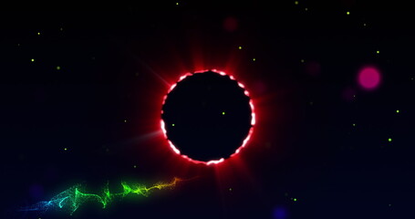 Image of neon circle over black space with dots and waves