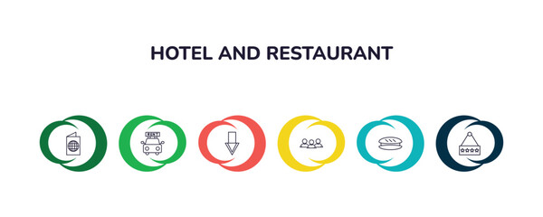outline icons collection with infographic template. linear icons from hotel and restaurant concept. editable vector included passport, rent a car, go down, people, sandwich, hotel icons. - obrazy, fototapety, plakaty