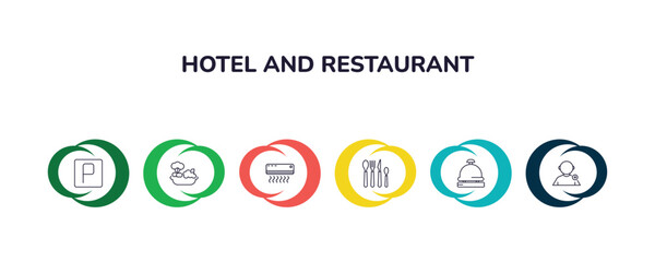 outline icons collection with infographic template. linear icons from hotel and restaurant concept. editable vector included parking, vegetarian, air conditioner, eating utensils, reception, guest - obrazy, fototapety, plakaty