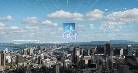 Image of 6g text, data processing and cityscape