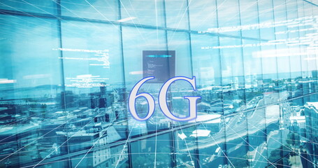 Image of 6g text, data processing and cityscape