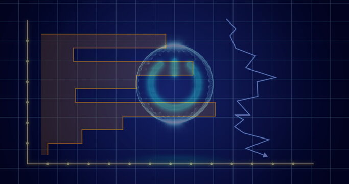 Image of neon circle with power button over digital screen with graphs