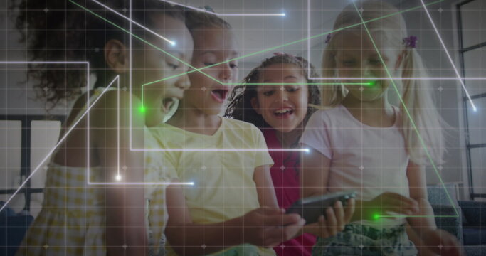 Image of glowing network over multiracial schoolgirls using tablet at break time