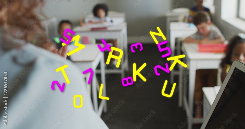 Poster image of data processing over diverse female addressing pupils at desks in class