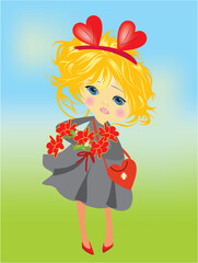 spring composition with a girl who stands and holds flowers made of hearts - 726917865