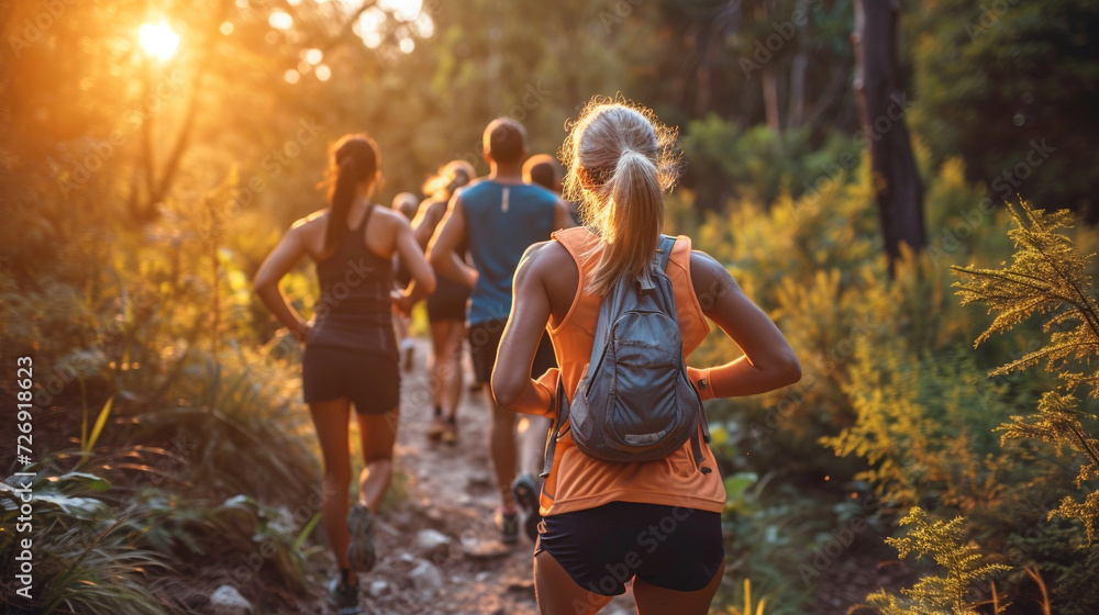 Wall mural group of adults running on a trail. outdoor fitness.