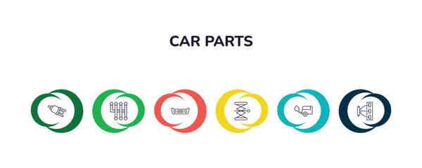 outline icons collection with infographic template. linear icons from car parts concept. editable vector included car distributor cap, car transmission, bumper, jack, tailpipe, manifold icons.