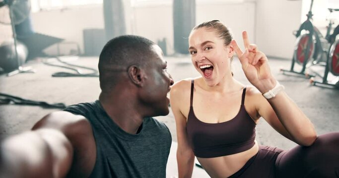 Face, selfie and friends with a smile, fitness and happiness with training and motivation with progress. Portrait, man and woman on the floor and profile picture with peace sign and exercise wellness