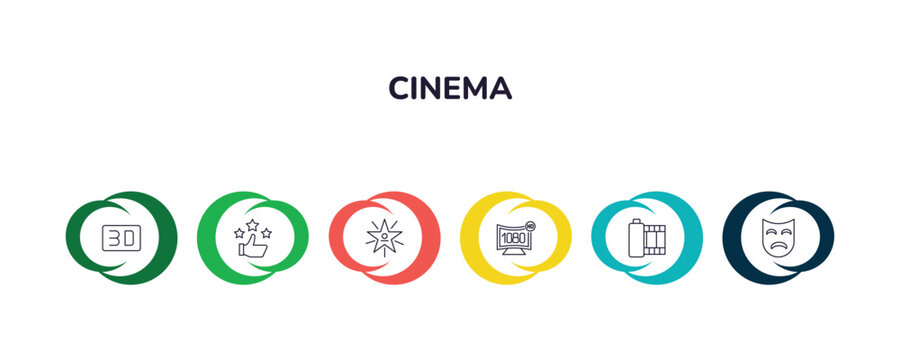 outline icons collection with infographic template. linear icons from cinema concept. editable vector included 3d movie, thumb up with star, famous cinema star, 1080p hd tv, film negatives, sad mask