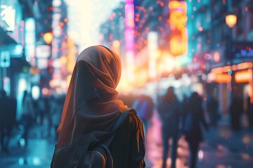 Muslim woman wearing a hijab in a busy city street at night, AI-generated.