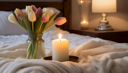 Fototapeta na wymiar Burning candle and vase with tulips on bed, closeup
