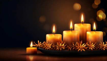 Obraz na płótnie Canvas Burning candles on dark background with space for text