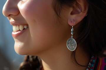 Earrings on smiling woman