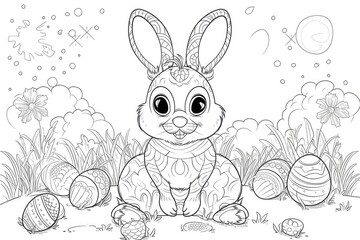 Coloring page outline of cartoon cute easter bunny with eggs. Coloring book for kids.