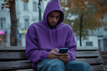 Fototapeta premium Man wearing a purple hoodie seated on a bench, engrossed in his smartphone, AI-generated.