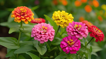 In a flower bed in a large number various zinnias grow and blossom.