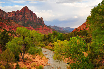 Classic view of the Virgin river and the Watchman from the Canyon Junction bridge, Zion National...