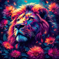 Magic Lion With Flowers Multicolor - obrazy, fototapety, plakaty
